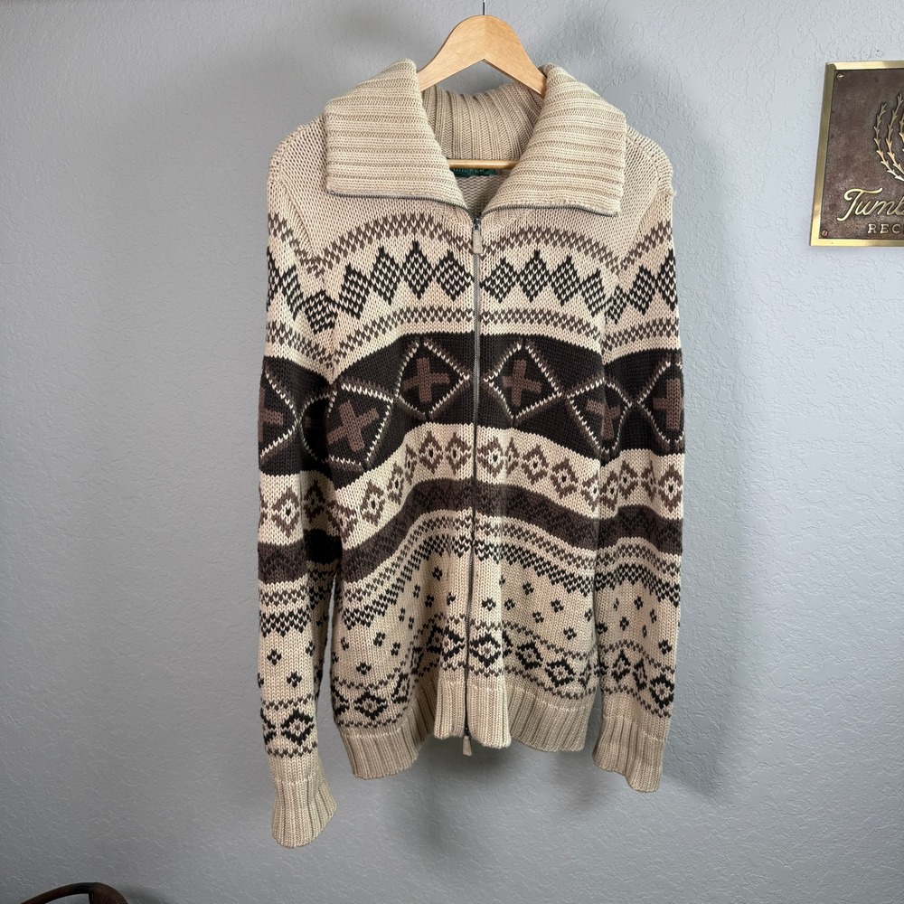 Lauren Ralph Lauren Fair Isle Full Zip Cotton Cardigan Sweater Beige Brown 1X